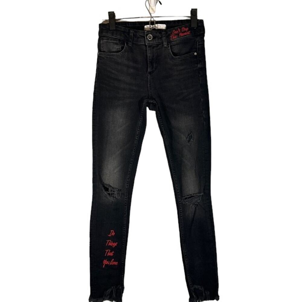 Zara Women’s Black “Don’t Stop the Movement” Distressed Skinny Denim Jeans Sz 2